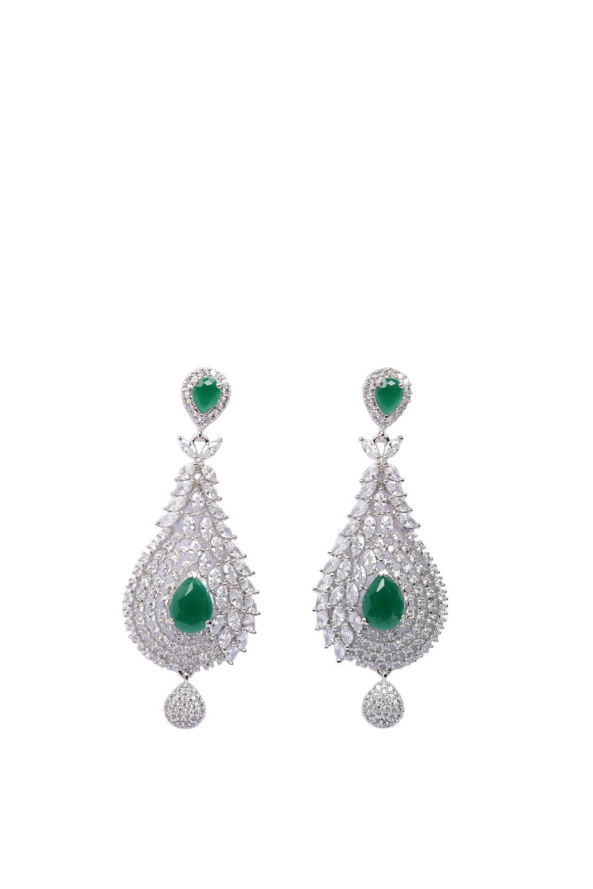 Namokriti Elegance Redefined: Rhodium Polished Silver Teardrop Earrings with Emerald Flair